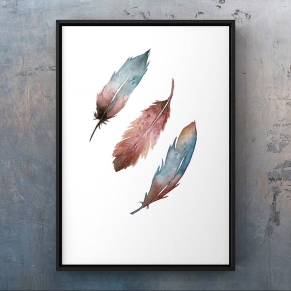 Watercolor modern boho feather wall art print